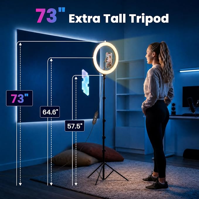 PEYOU 12" Selfie Ring Light with 73" Extendable Tripod Stand and Phone Holder, 38 Color Modes Dimmable RGB Ring Light,3-in-1 Desk & Floor Use for iPhone, Makeup, TikTok, YouTube, Live Streaming