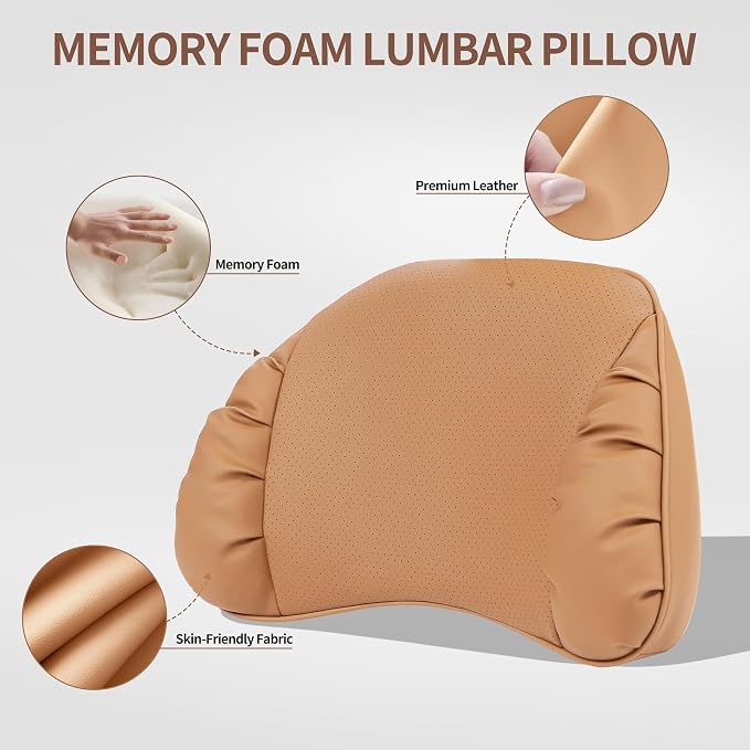 Memory Foam Lumbar Support Pillow for Car, Palomino Brown, 1 Pack | Leather Lumbar Pillow for Lower Back Pain Relief - Back Cushion for Driving - Chair Support for Office Chair, Gaming Chair