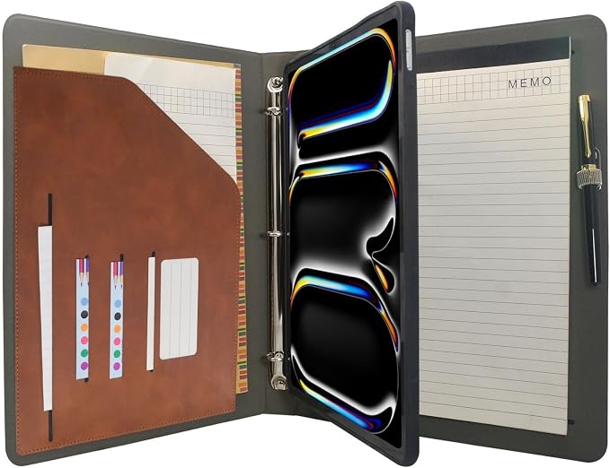 Tablet Organizer Portfolio Case with 3-Ring Binder, Binder Padfolio File Folder with Removable Tablet Holder, Compatible with 13-inch iPad Pro M5 (2025)/M4 (2024),Brown