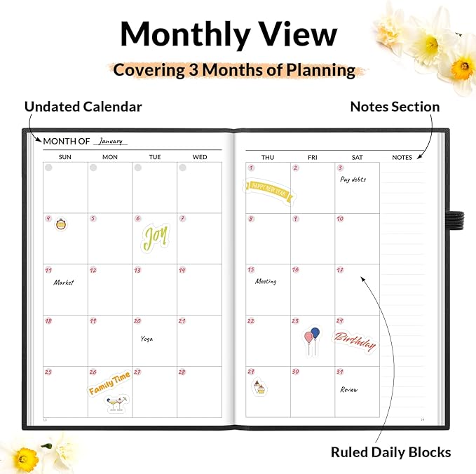 SUNEE Adhd Daily Planner for Adults,3-Month Undated Daily Weekly Monthly Planner for Productivity, Goal Setting, Time Management, Work & Life - for Men & Women,Vision Board + Stickers,Black