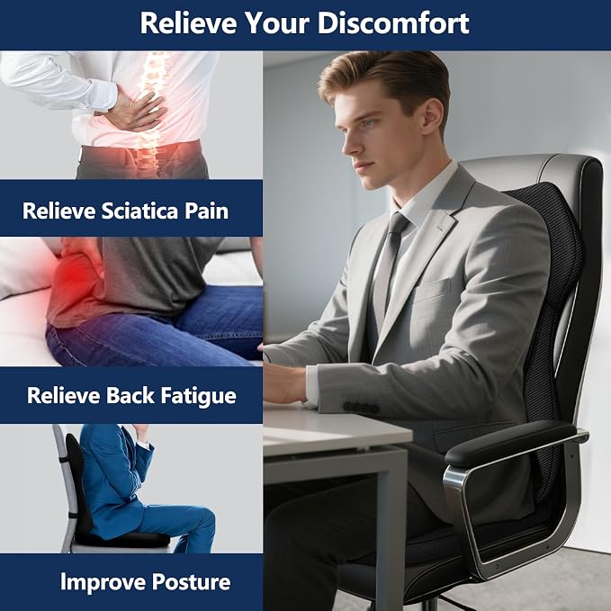 Seat Cushion,Lumbar Support Pillow for Office Chair,Ergonomic Memory Foam Back Support Pillow, High Density Foam Chair Cushion for Sciatica Pain Relief Coccyx Pad for Chair,Car,Desk,Grey