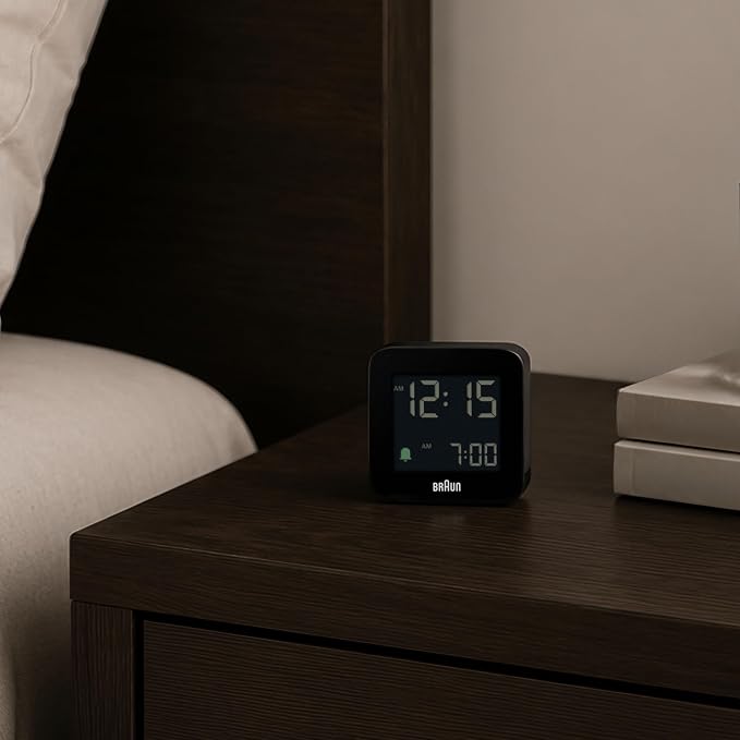 Braun Digital Travel Alarm Clock with Snooze, Compact Size, Negative LCD Display, Quick Set, Crescendo Beep Alarm in Black, Model BC08B (1-Pack)