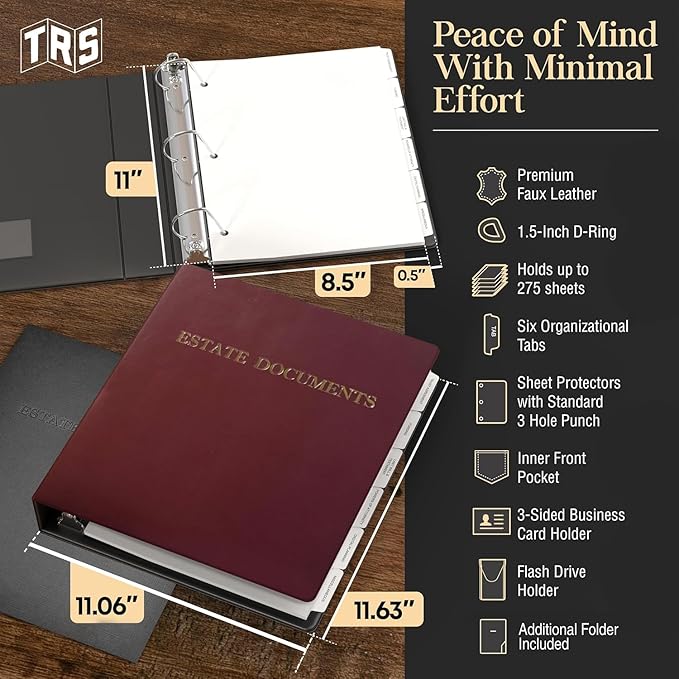 TRS Estate Planning Binder Kit – Pre-Labeled Tabs, Sheet Protectors | 1.5" D-Ring Faux Leather Organizer for Wills, Trusts, Power of Attorney & End-of-Life Planning | Burgundy