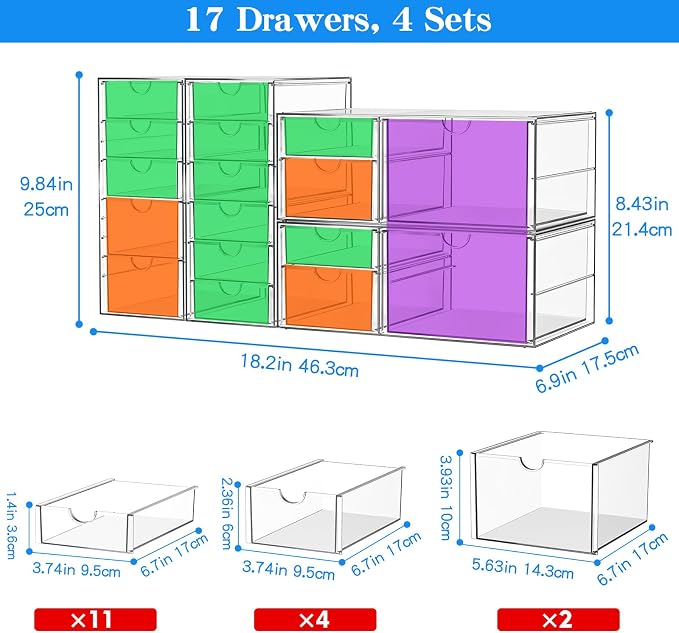 ARSTPEOE 17-Drawer Acrylic Storage & Makeup Organizer for Desk, Bath | Smooth-glide drawers, clear acrylic, 4-set stackable, dustproof, wipe-clean, for serum samples, sheet masks, bobby pins