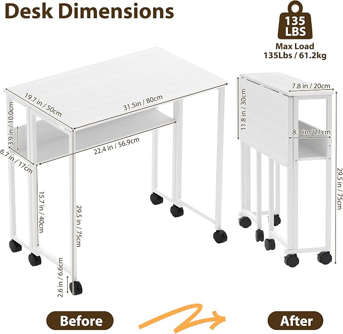 Folding Desk with Storage Shelf, 31.5 Inch Foldable Computer Table with Wheels for Small Spaces,Space Saving Sofa Table for Couch, Rolling Writing Work Office Computer Desk, Easy to Fold,White