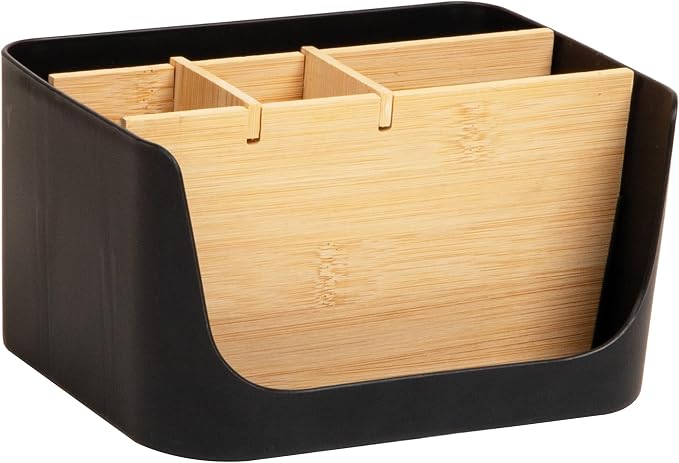 Mind Reader 5-Compartment Desktop Organizer, Adjustable Caddy, Plastic and Wood, Black