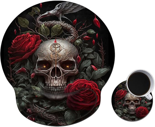 Mouse Pad with Wrist Support Gel, Ergonomic Mouse Pad with Comfortable Wrist Rest, Gaming Mousepad Non-Slip PU Base for Laptop Office Easy Typing & Pain Relief,Skull Roses Florals