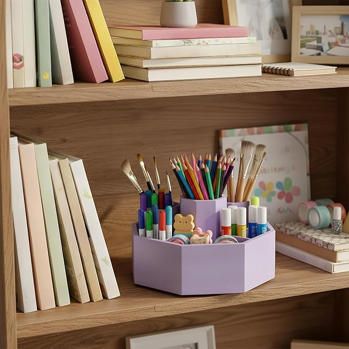 360° Rotating Pencil Holder for Desk Bamboo Rotating Marker Pen Desk Organizer Art Supply Gifts or Desktop Storage Caddy, Crayon, Marker, Pencil(Light Purple)