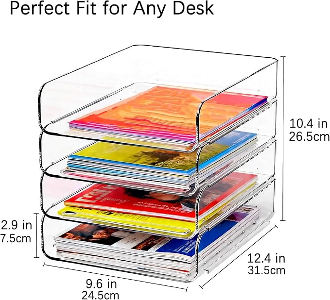 DCA 4 Tier Clear Desk Organizer, Stackable Paper Tray, Desktop File Sorter | Letter & A4 Compatible | Space-saving | Office, Home & School