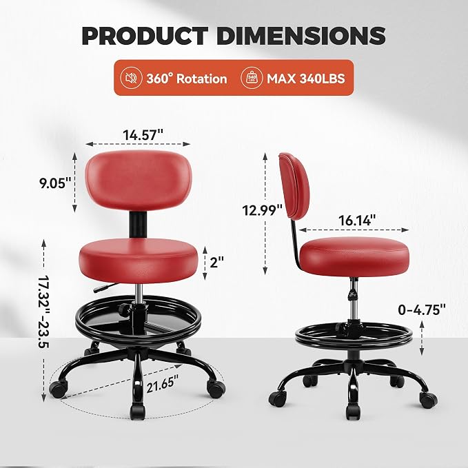 Shop Stool with Wheels for Garage, Mechanics Rolling Chair with Backrest, Adjustable Height Heavy Duty Garage Stool with Footrest and Storage Tray, Swivel Task Chair for Workshop Kitchen Salon (Red)