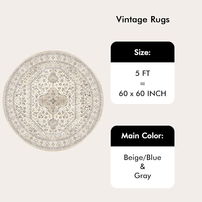 Puino 5FT Round Area Rug: Washable Oriental Circle Rugs Low Pile Soft Carpet with Non Slip Backing for Living Room Vintage Indoor Rug for Bedroom Kitchen Nursery Dining Room Home Office Beige/Gray