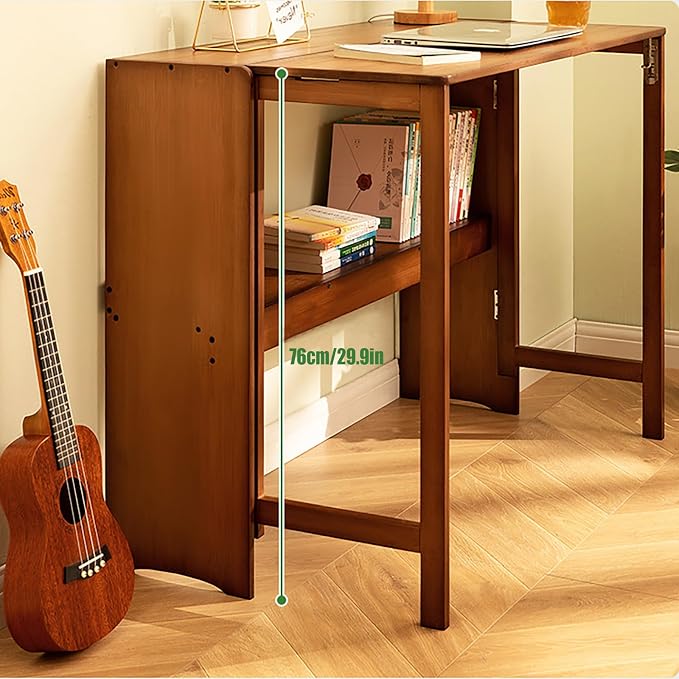 Folding Computer Desk with Bookshelf Bamboo Portable Foldable Table for Writing, Studying, Gaming Folding Desk for Student Office