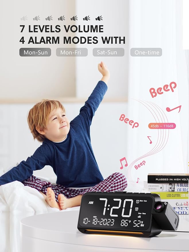 Mesqool Projection Alarm Clock Ceiling Display, with Temperature, Humidity | Dual Alarms, 5-Level Dimmer, Date, Night Light, Weekday/Weekend Mode, 12/24H, DST, , Snooze, 180° Rotatable, for Bedroom