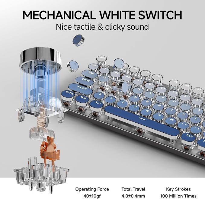SEUNKWANG EWEADN Typewriter Keyboard Wireless Mechanical Keyboard, 104 Keys Gradient Color Typewriter Keyboards with White Backlit, Anti-Ghosting, Blue Switch Bluetooth/2.4GHz/Wired Keyboards-Blue