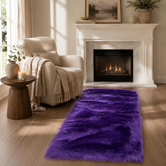EasyJoy Faux Sheepskin Rug, Fluffy Faux Fur Rug, Ultra Soft Shag Area Rug with Non-Slip Backing for Bedroom, Living Room, Nursery, Kids Room(2 x 4 ft Rectangle, Dark Purple)