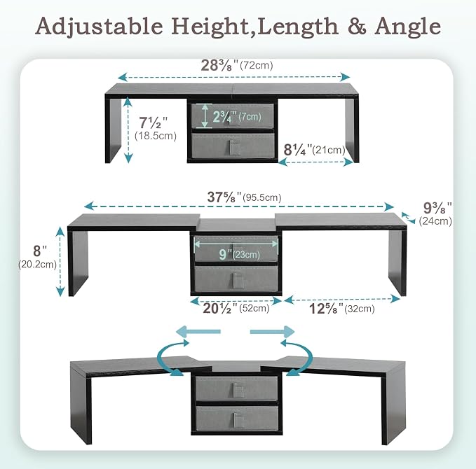 TEAMIX Dual Monitor Stand Riser with 2 Drawers-Length and Angle Adjustable 3 Shelf Monitor Riser with Storage Desk Organizer Large Computer Monitor Stand for 2 Monitors/Laptop/PC,Wood Screen/TV Stand