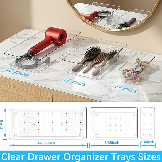 Manalete 14 Pcs Plastic Drawer Organizer with 2 pcs 15"x6" Vanity Organizer | Durable Clear PET Storage Bins Tray for Desk, Kitchen & Bathroom, Office, Makeup, Tools, Easy Clean, Stackable, BPA-Free