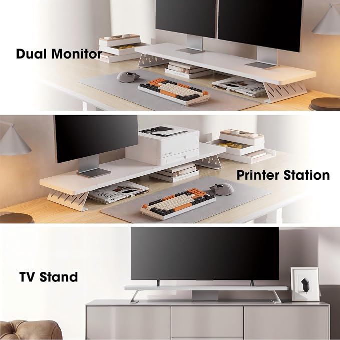 Fenge Dual Monitor Stand Riser, 42.5 Inch Desk Top Shelf for 2 Monitors, Computer Stands for Desk, Wood & Steel Desktop Riser for Laptop, PC, Printer