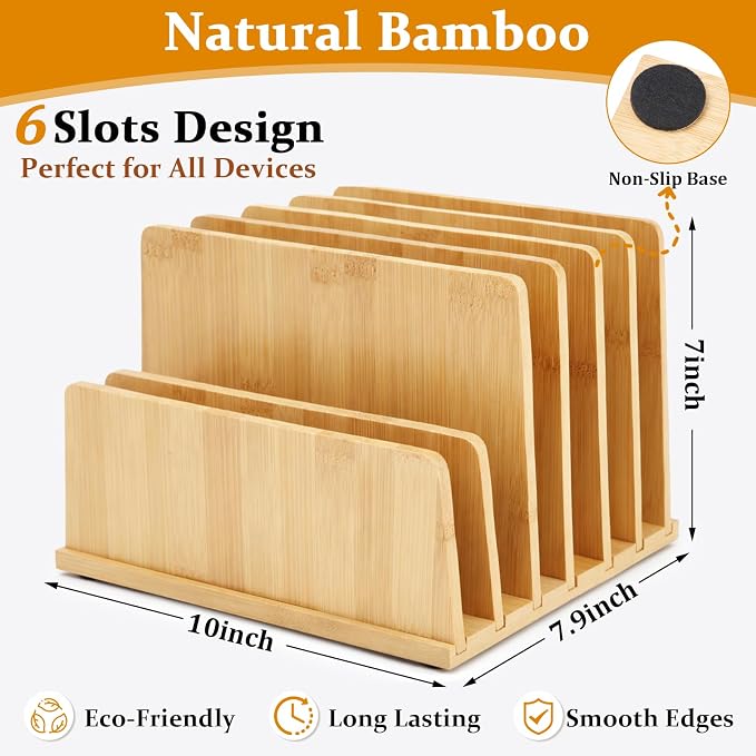Unittype Bamboo Multi Device Organizer, 6 Slots Vertical Laptop Storage Rack, Computer Charging Station for Smartphones, Tablets and Laptops, Space Saving Organizer for Home Office