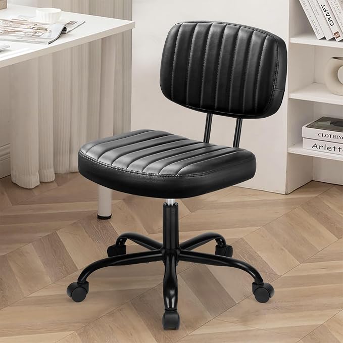 DUMOS Small Office Desk Chair, Armless Vanity Chair with Lumbar Support | PU Leather, 360° Rolling Task, Height Adjustable, Home Bedroom, Adult, Student, Black