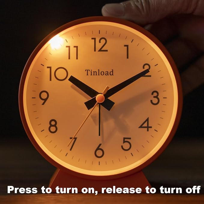 Tinload 4.5" Battery Operated Antique Retro Analog Alarm Clock, Small Silent Bedside Desk Clock, Lighted on Demand, Battery Operated, Snooze, for Living Room, Bedroom, Bedside, Desk(Orange)