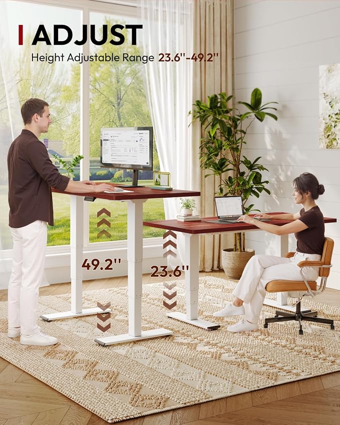 SANODESK Dual Motor Standing Desk 220lbs Height Adjustable Desk | 55"x28" Spacious One-Piece Mahogany Desktop & White Frame, 4 Memory Presets, 3-Stage Legs, 220lbs, 2-Box for Home & Office