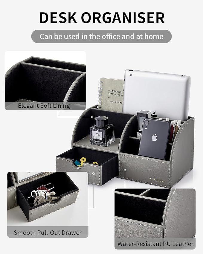 VLANDO PU Leather Desk Drawer Organizer with 6 Compartments | Office Supplies for Desk, Nightstand Organizer,Home Office School Supplies,Gray