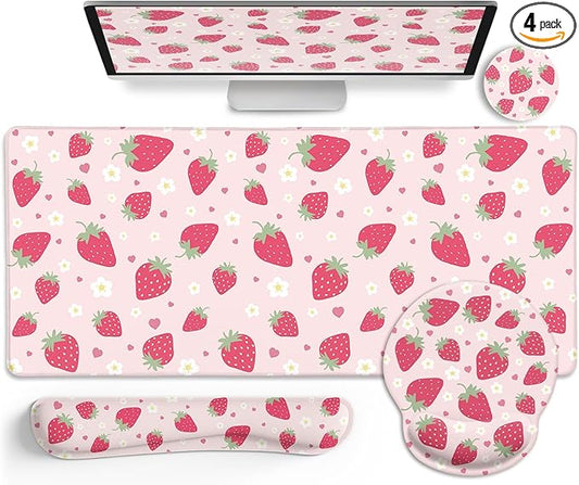LIMKRIAN Strawberry Mouse Pad Desk Mat Set, Pink Ergonomic Mouse Pad with Wrist Rest, Large Gaming Mousepad Wrist Support Keyboard Mat Cup Coaster Set, Cute Office Desk Decor Accessories Supplies