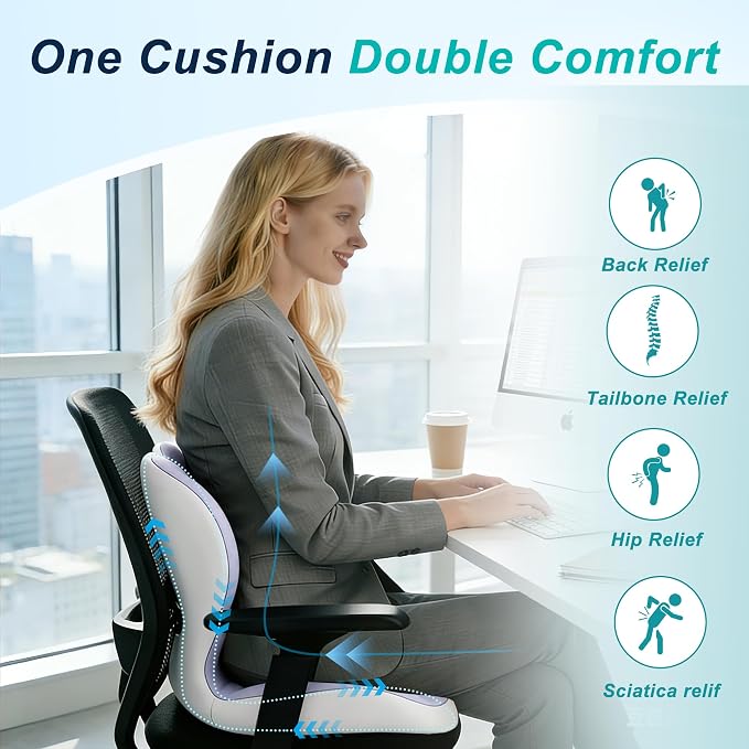 Seat Cushion for Office Chair and Car, Lumbar Support Pillow for Office Chair, Memory Foam Ergonomic Seat Cushion for Long Sitting, Back & Tailbone Pain, Sciatica - Purple & Gray