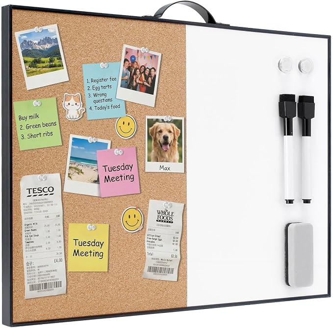 TSJ OFFICE Small Whiteboard Cork-Board - 12" X 16" Portable Aluminum Black Framed Magnetic Dry Erase Board for Wall, Small Bulletin Cork Board with Holder for Office, Home and School
