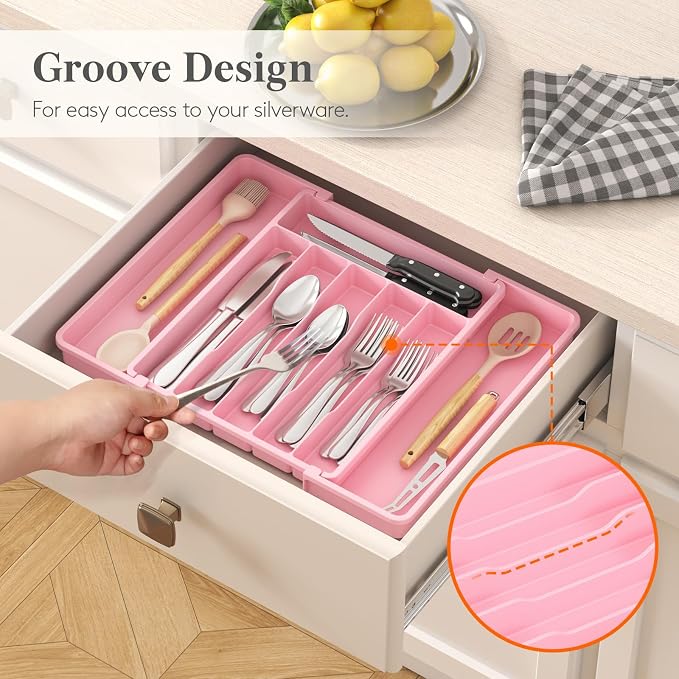 Lifewit Silverware Drawer Organizer, Expandable Utensil Tray for Kitchen, BPA Free Flatware and Cutlery Holder, Adjustable Plastic Storage for Spoons Forks Knives, 10.9"-17.5" x 13.7", Pink