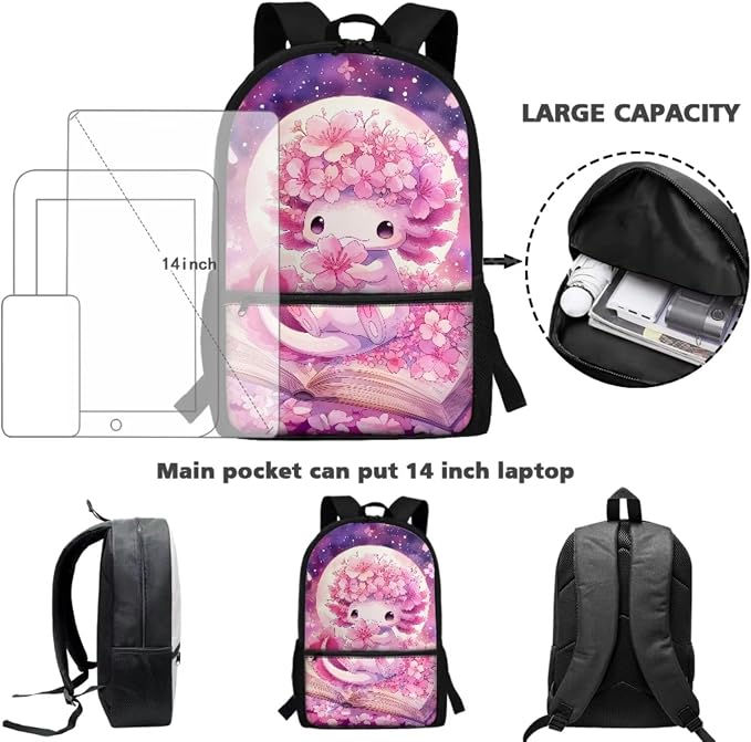 WELLFLYHOM 6-8 Girls Cherry Blossom Axolotl School Bookbag Set Kids | Moon Backpack and Lunchbox Pencil Case Water Bottle Lightweight Daypack Gift for Back to School Season