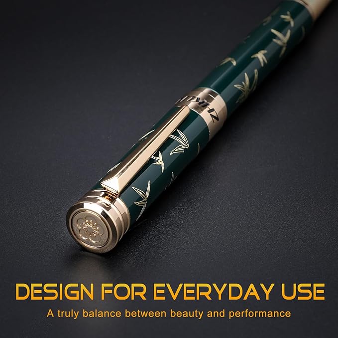 ZHKUVE Luxury Rollerball Pen,Stunning Green Lacquer with bamboo leaf patterns,Switzerland Tip with Black Ink Refills, Elegant Gift Set For Men & Women, Executive Writing, Nice Fancy