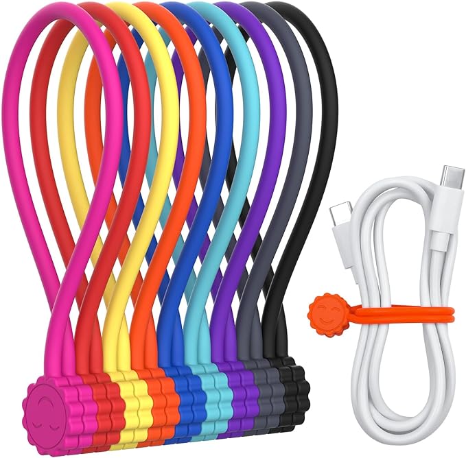 Rich&Ray Magnetic Reusable Silicone Cable Ties, Phone Cord Holder - 7.48'' (9Color - 9pack)