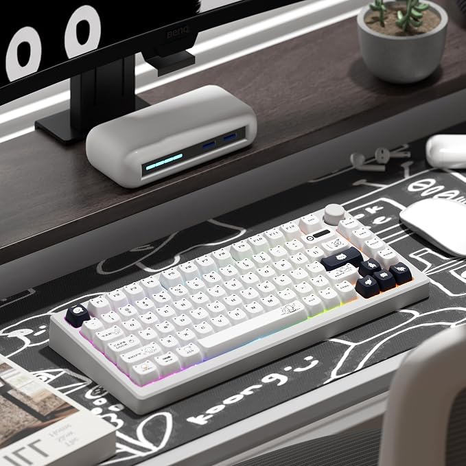 XVX Cute Cat Keycaps, Mao Profile White PBT Keycaps, 143 Keys Meow Meow Keyboard Keycap Sets Compatible with 65% 75% 96% 100% Cherry Gateron MX Switches Mechanical Gaming Keyboard
