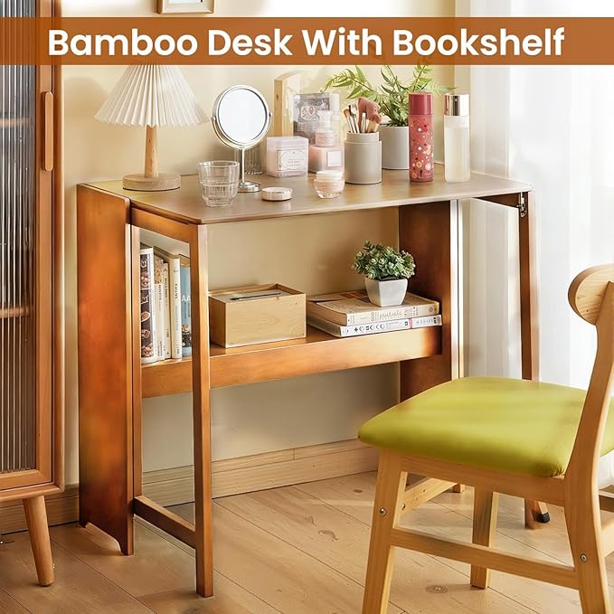 Bamboo Foldable Desk, 41" Folding Bamboo Desk for Small Spaces, Mid Century Small Computer Desks with Bookshelf, Wooden Desks for Home Bedroom Study Office, Brown