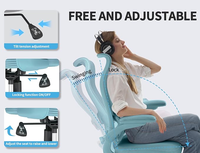 TRALT Ergonomic Office Chair- Desk Chair with Adjustable Lumbar Support | Big and Tall Back Ergonomic Desk Chair - Home Office Mesh Chairs and PU Leather Seat for Home Reading to Adults(Blue)