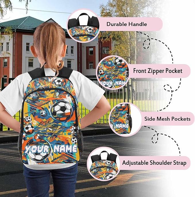 Personalized Soccer Backpack with Name Back to School Supplies Bookbag for Kids Boys Custom Football Basketball Player Schoolbag and Water Bottle Cup&Pencil Pouch School Backpacks with Lunch Box Set