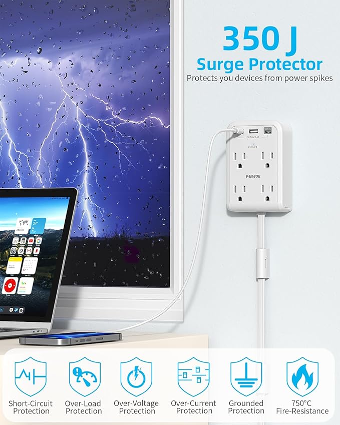 Short Power Strip 3FT - Outlet Extender Stick with 4AC Outlet and 3 USB Ports(1 Type C), Flat Wall Extension Cord with Multiple Outlets Small Surge Protector for Home Office Dorm, White