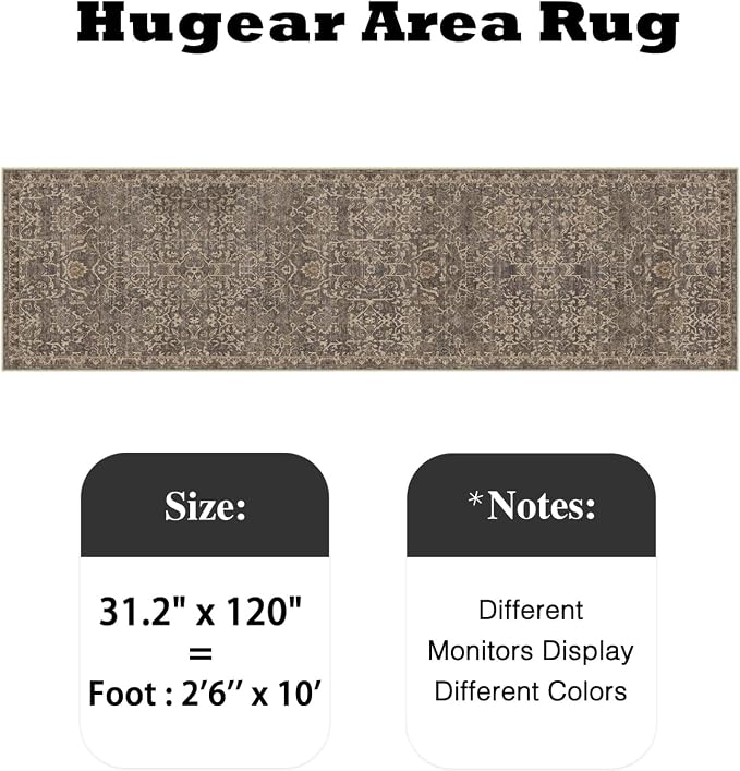 HUGEAR 2'6''x10 Runner Rug Machine Washable Retro Brown Hallway Area Rug Indoor Vintage Rug Floral Low Pile Carpet Soft Throw Rug Bedroom Living Room Office Dining Room Kitchen Laundry Room Non Slip