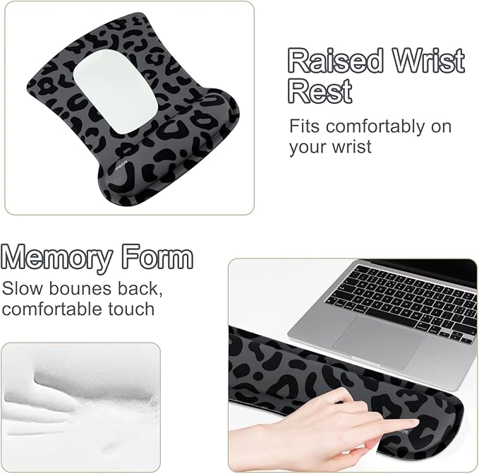 MOSISO Wrist Rest Support for Mouse Pad&Keyboard Set, Ergonomic Large Leopard Grain Desk Mat&Coaster Set, Non-Slip Mousepad&Pain Relief&Easy Typing Cushion with Memory Foam for Home Office, Black