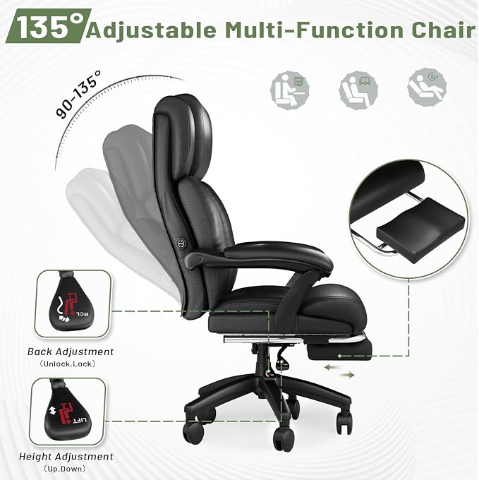 HOMREST 500lbs Big and Tall Office Chair, Ergonomic Heavy Duty Chair with Adjustable Lumbar Support & Backrest, Executive Leather Office Chair with Wide Armrests and Wheels (Black)