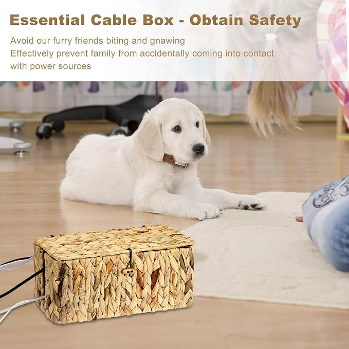BTSKY Woven Cable Management Box with Lid Water Hyacinth Cord Organizer, L | Cable Organizer Box with 2-Open Slots to Hide Power Strips USB Hubs for Desk, Home & Office, Pet Proofing Cord Basket