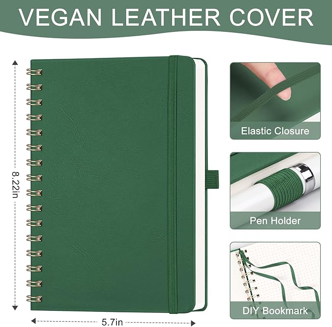 AHGXG Dotted Journal Spiral Notebook, Hardcover Leather Dotted Notebook 140 Pages, A5 Dot Grid Paper Notebook, 100 gsm Thick Paper, for Dotted Journaling, 5.7" x 8.3", Green