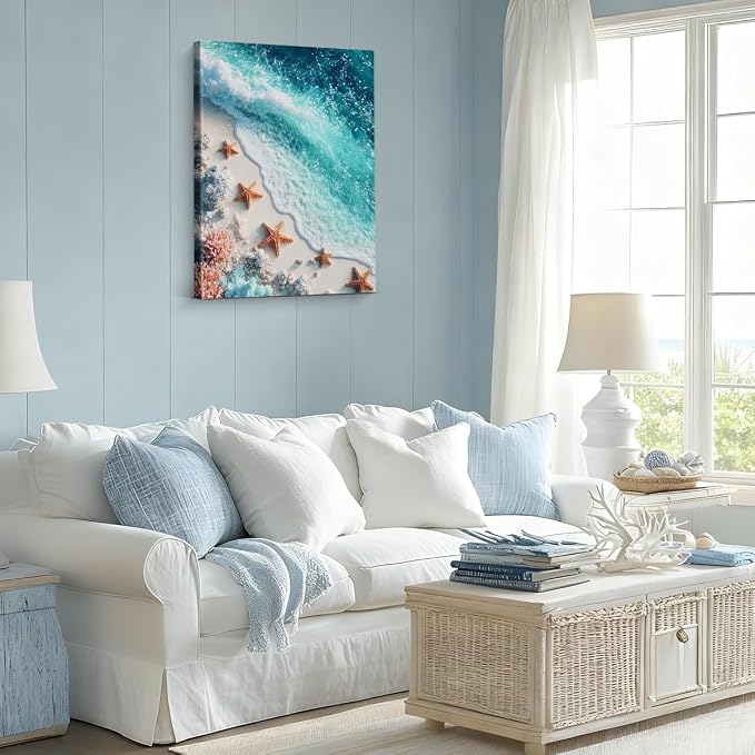 Coastal Beach Wall Art, Ocean Wave Starfish Seashell Wall Decor, Turquoise Sea Coral Seascape Painting Picture, Coastal Wall Decor for Bathroom Living Room Bedroom 8x10 Canvas Framed