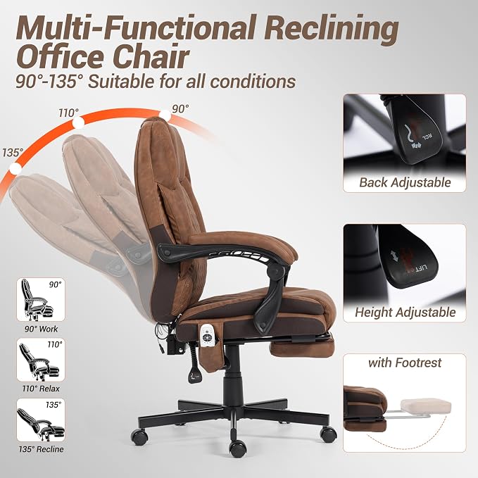 Heated Massage Executive Office Desk Chair with Footrest - Brown | 6 Points Vibration Massage System, 5 Massage Modes, 3 Target Areas (Back,Lumbar,Seat), Reclining 90°-135°