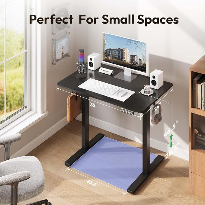 35 x 24 Inch Height Adjustable Standing Desk, 3 Presets, Black | 35 x 24 in Desktop, 28.3–46.5 in Height, 2+3 Controls, ≤45 dB, 154 lb Capacity, 2 Hooks