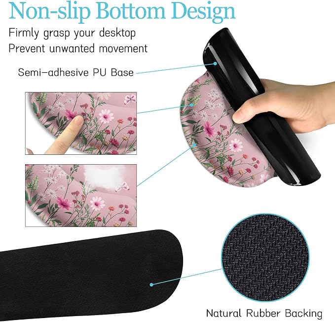 LIMKRIAN Pink Floral Mouse Pad Set, Large Desk Mat for Desktop, Ergonomic Mouse Pad with Wrist Rest for Gaming, Keyboard Mat Wrist Support & Cup Coaster, Cute Home Office Desk Accessories for Women