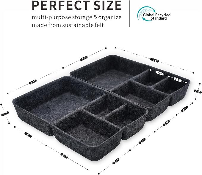2pc Felt Tray Charcoal Drawer Organizer bin 4 Compartments divider