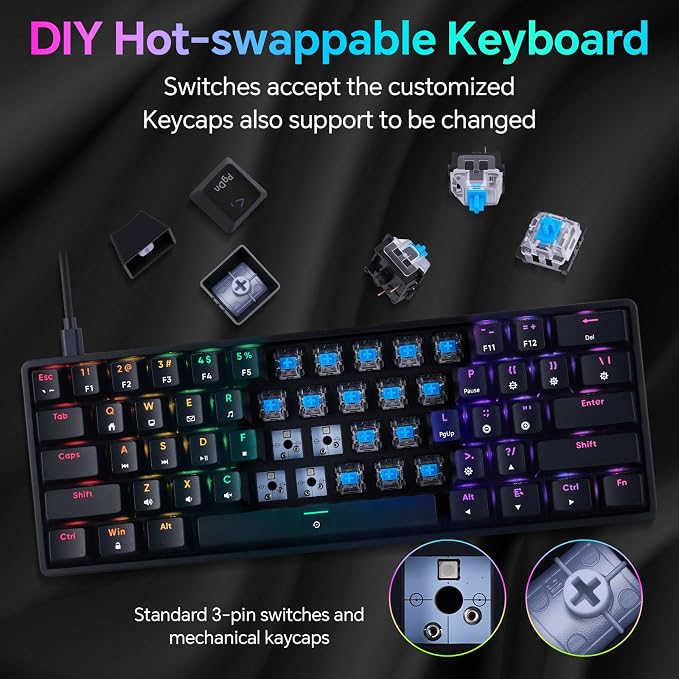 CHONCHOW Mechanical 60% Gaming RGB Keyboard 61 Keys Wired USB DIY Customize Backlight Macro keypad Ultra-Compact Blue Switches Compatible with Windows Mac Linux Laptop PC Computer(Black)